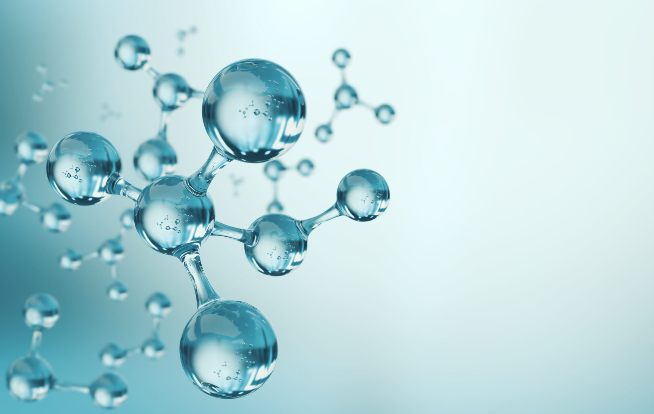 3D illustration with light blue background and a molecule or atom, abstract structure for science.